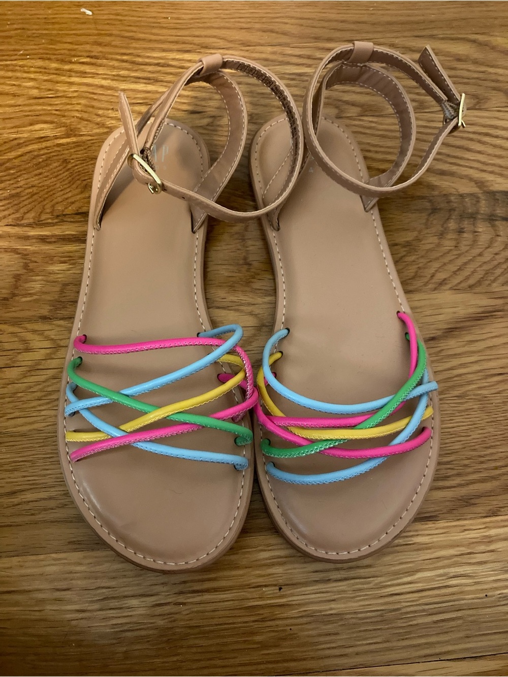GAP Tan Sandals with Pink, Blue, Yellow & Green Straps